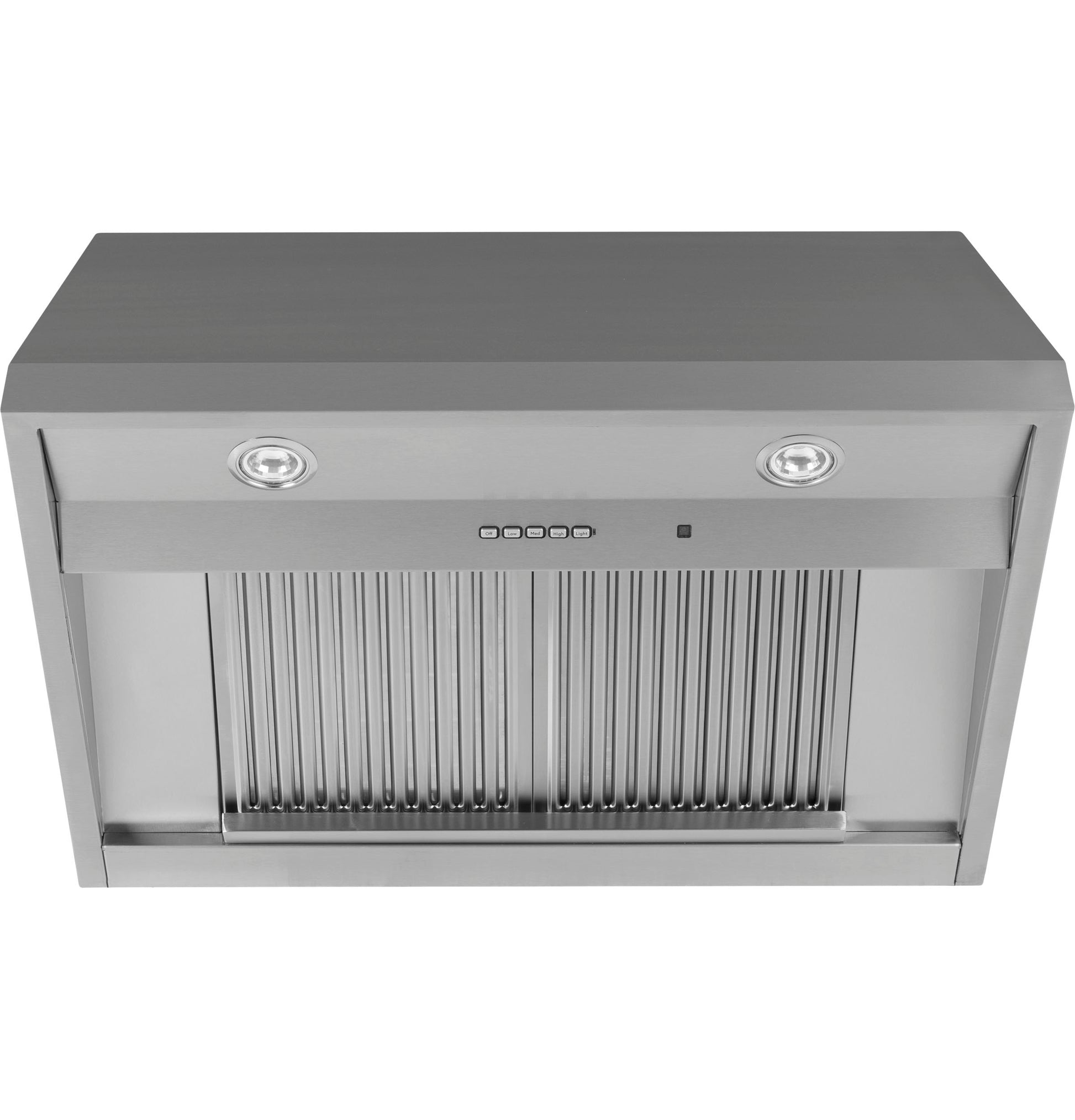 Top view of a stainless steel commercial kitchen vent hood with built-in lighting, part of kitchenware and appliances collections
