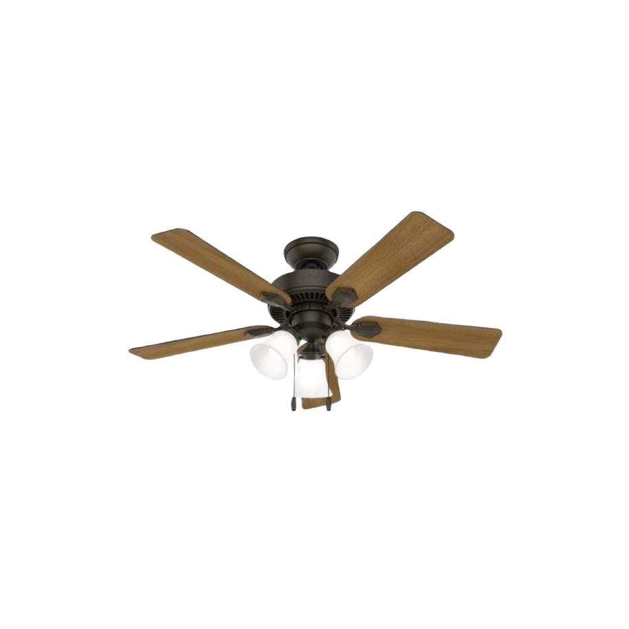 Bronze ceiling fan with five wood blades and three globe light fixtures for indoor home and lighting decor projects