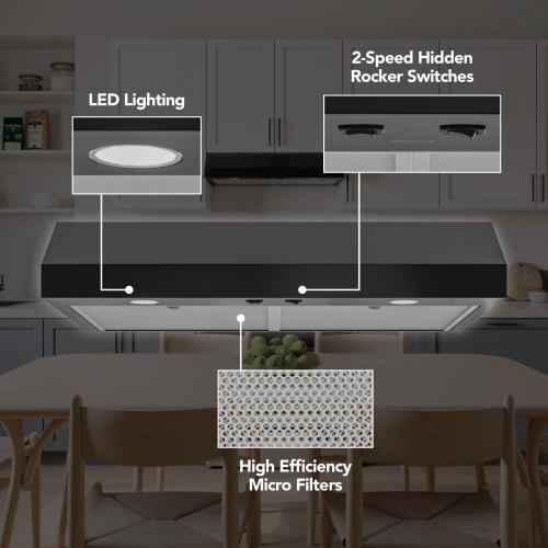 black under-cabinet range hood with LED lighting, hidden rocker switches, and high-efficiency micro filters in appliances collection