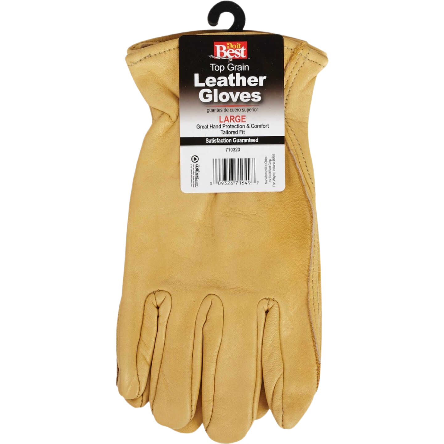 Single large tan top grain cowhide leather work glove with product label for tools and home improvement tasks