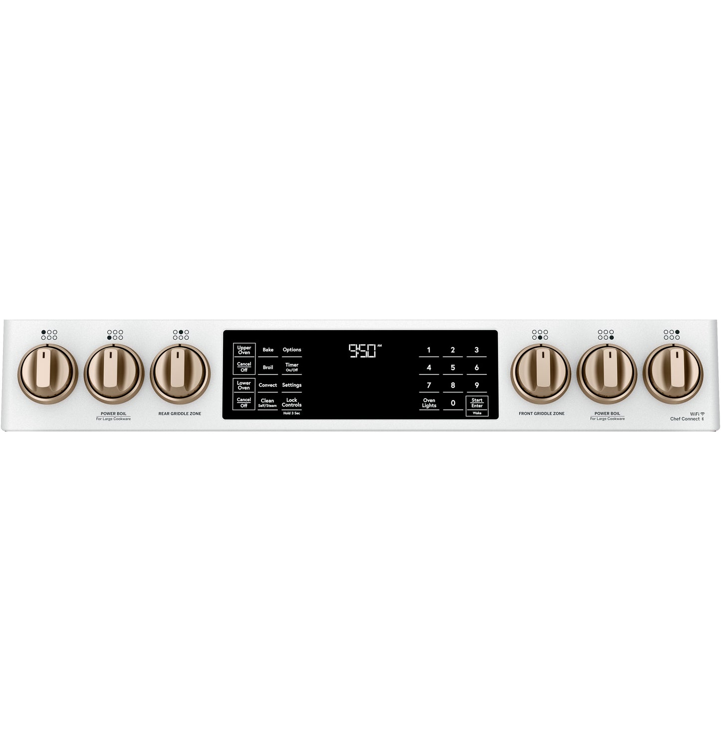 White control panel with six bronze knobs and digital touch display for smart dual-fuel oven in kitchen appliances collection