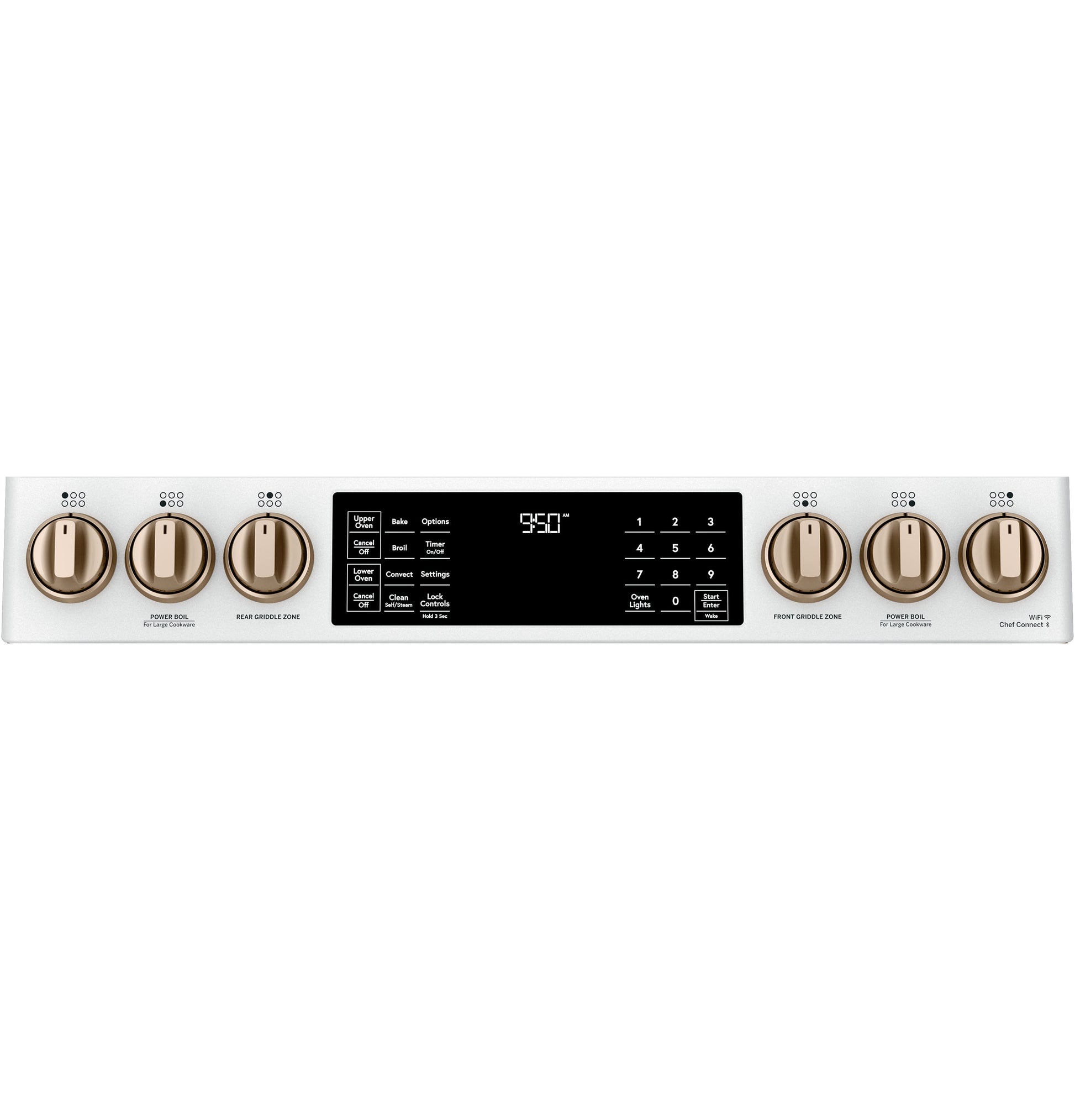 White control panel with six bronze knobs and digital touch display for smart dual-fuel oven in kitchen appliances collection