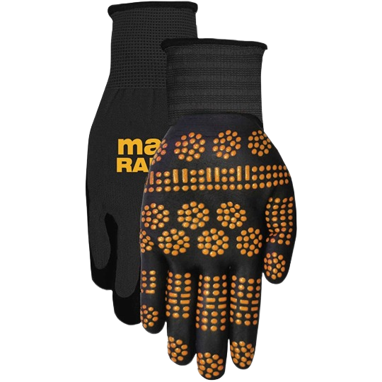 Pair of black nitrile coated gloves with orange grip dots for safety and work use in hardware and PPE collections under $50