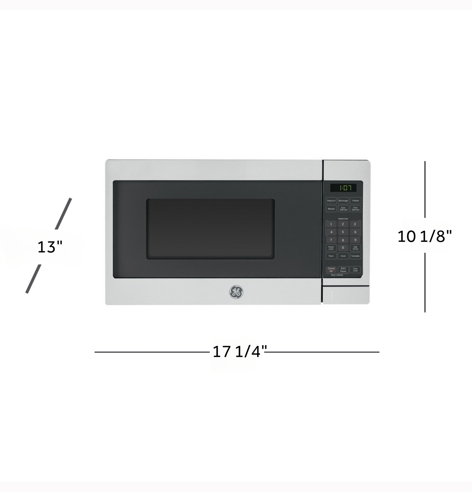 Compact countertop microwave with digital control panel and measurements for kitchen appliances and home improvement.