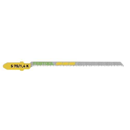 Curved wood cutting jigsaw blade with yellow and silver finish designed for precise home improvement tasks