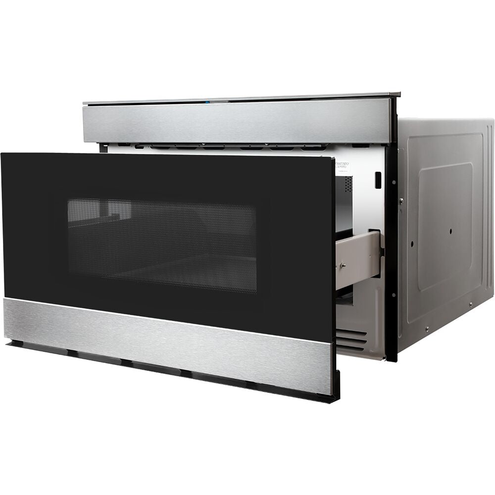 Built-in stainless steel microwave drawer with black glass front panel and Easy Wave Open sliding mechanism