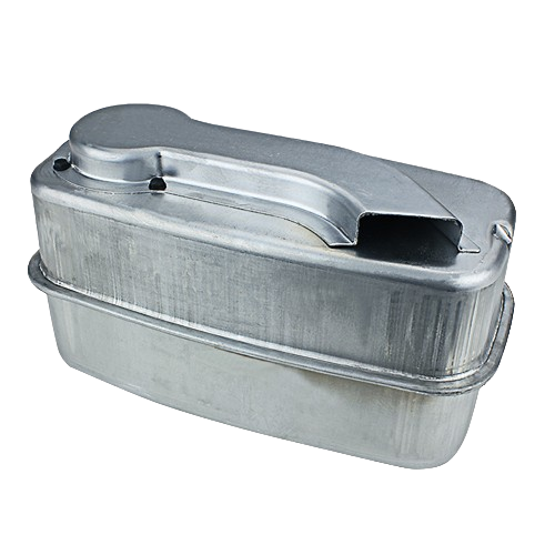 Metal dual inlet muffler designed for automotive and machinery use, part of John Deere engine parts and accessories