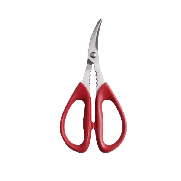 Seafood shears with curved stainless steel blades and red ergonomic handles for kitchen gadgets and tools under $50