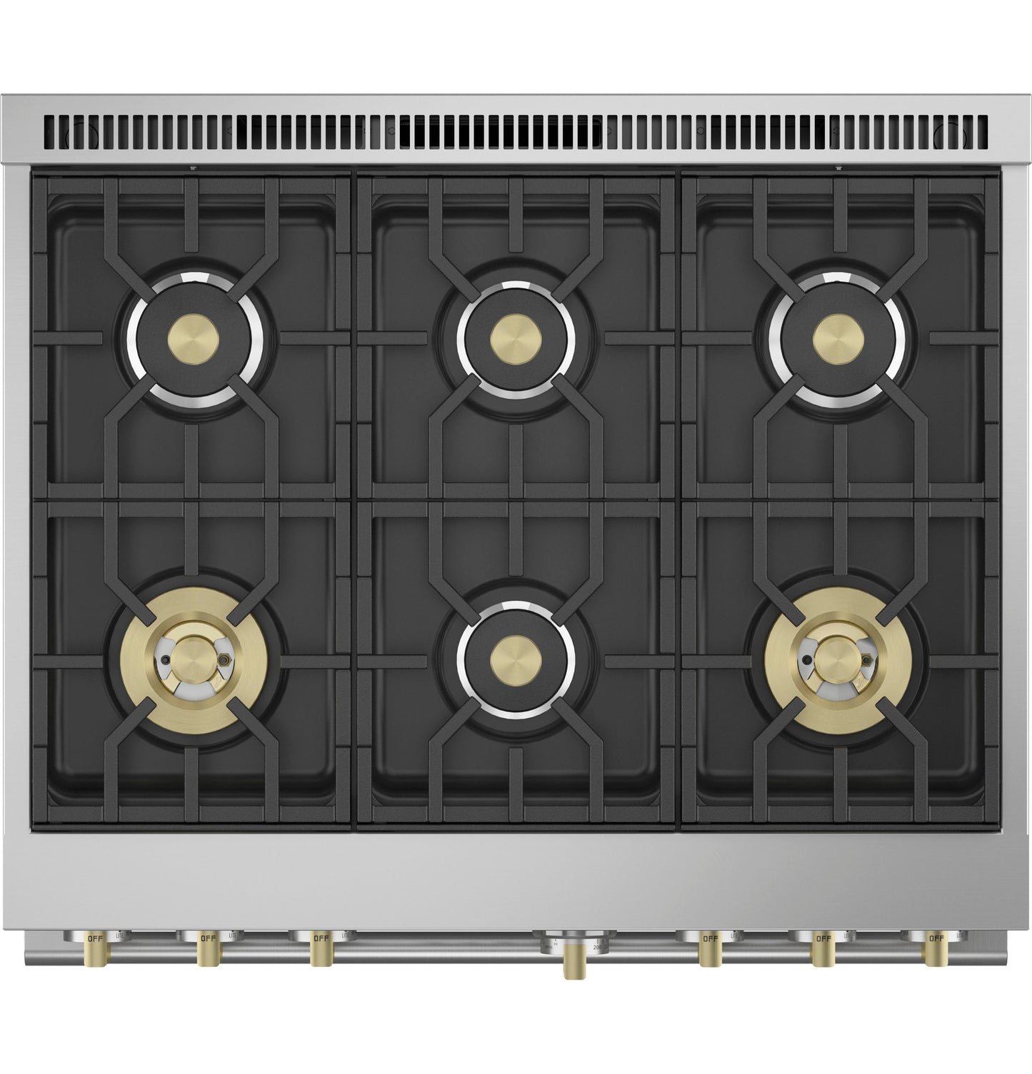 Professional stainless steel gas range top with six brass burners and continuous cast iron grates from gas ranges collection