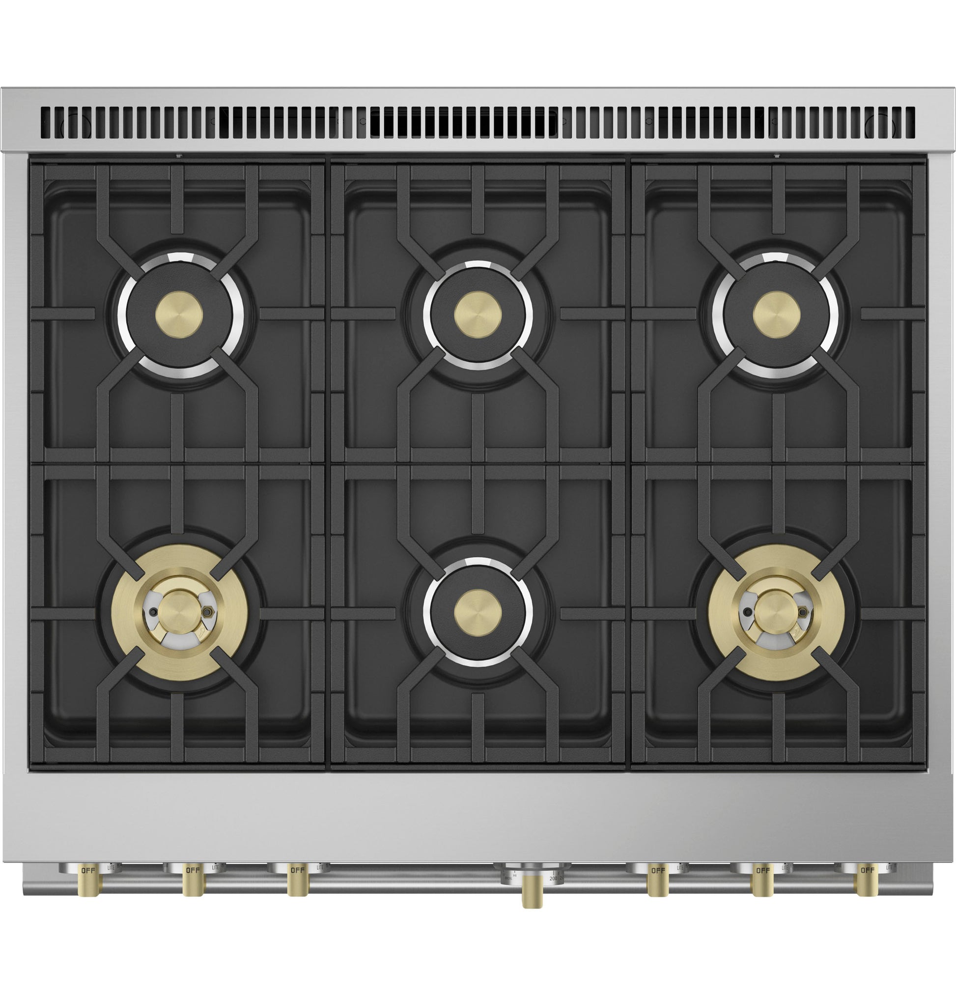 Professional stainless steel gas range top with six brass burners and continuous cast iron grates from gas ranges collection