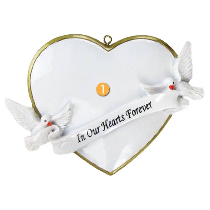 Heart-shaped ornament with white doves and "In Our Hearts Forever" banner, Christmas Ornaments & Tree Decorations under $50 collection