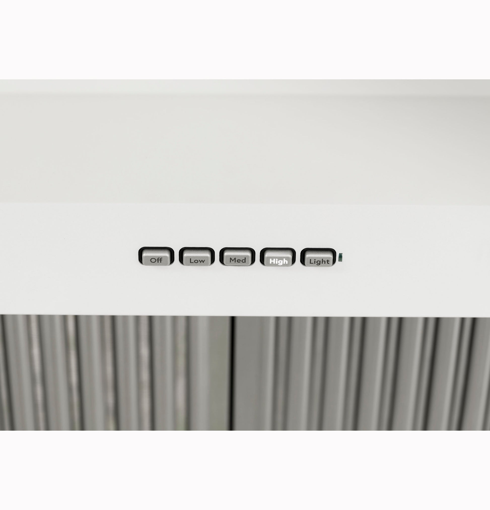 Close-up of white kitchen hood control panel with buttons for off, low, medium, high fan speed, and lighting functions