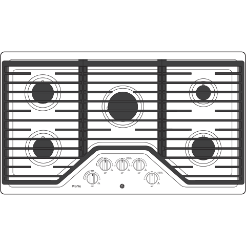 Top view of a stainless steel built-in gas cooktop with five burners and central control knobs in a kitchen setting