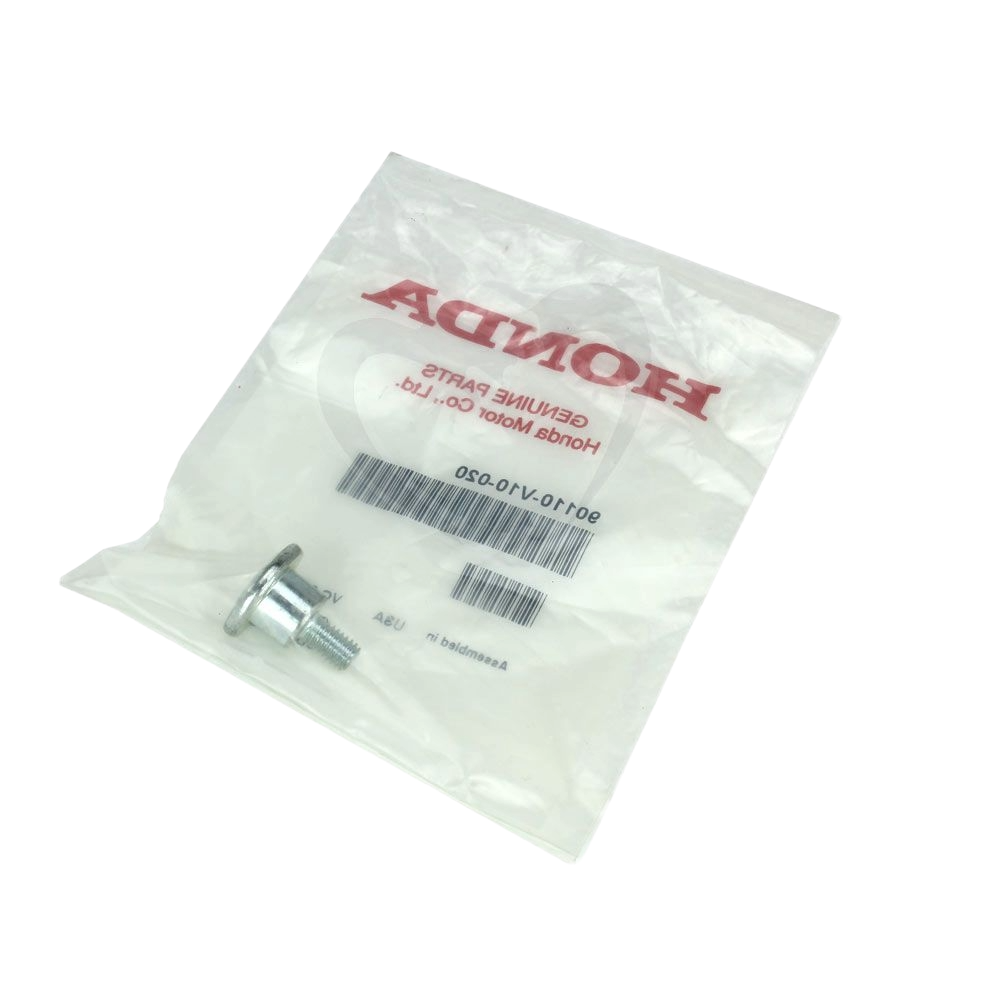 Small metal bolt packaged in clear bag with red Honda logo and genuine parts label for outdoor power tools and equipment