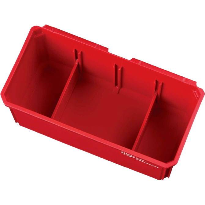 Milwaukee PACKOUT™ red plastic storage bin with internal dividers for organizing tools in workshops and jobsite storage systems