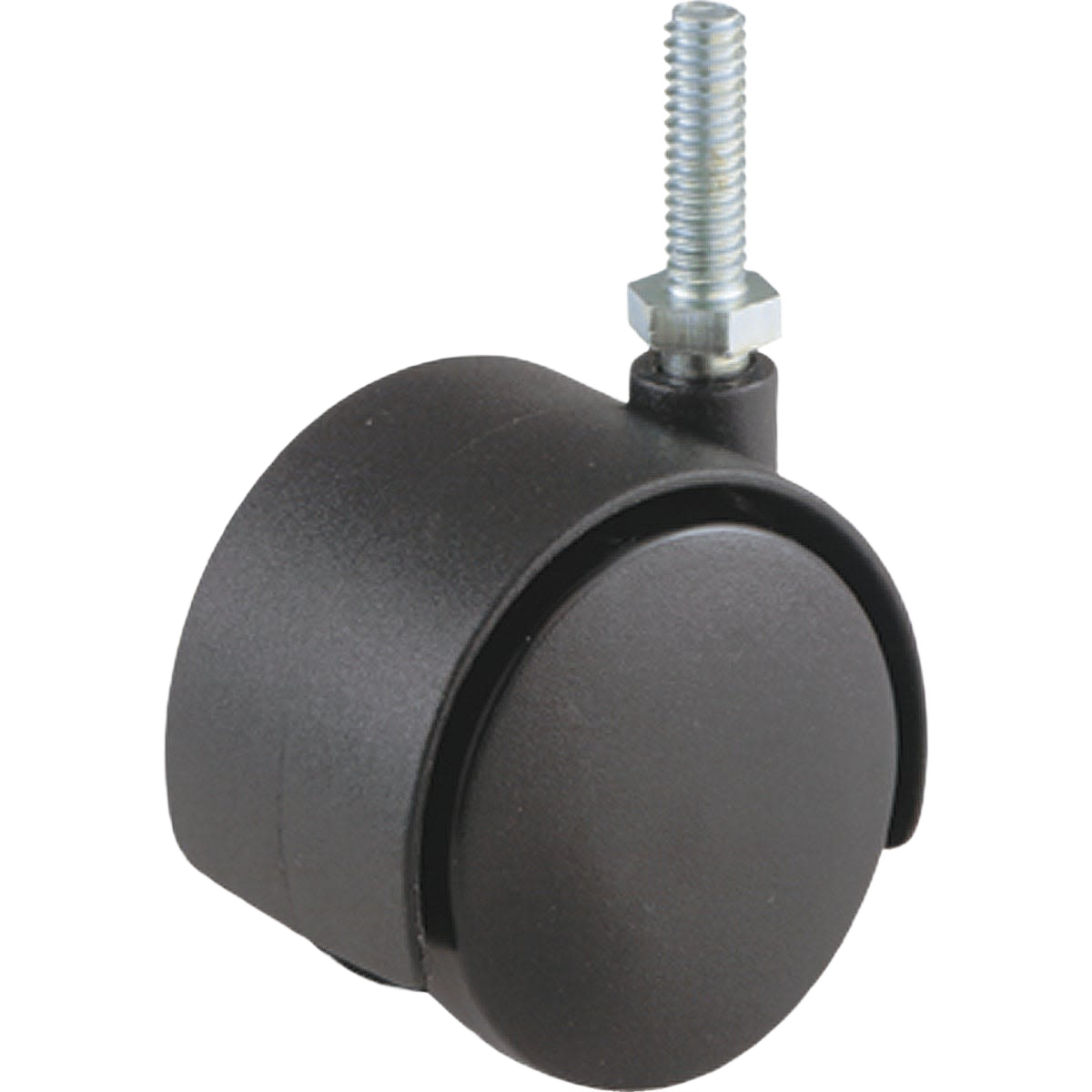 Black twin wheel caster with threaded stem for easy mounting in tools and home improvement projects