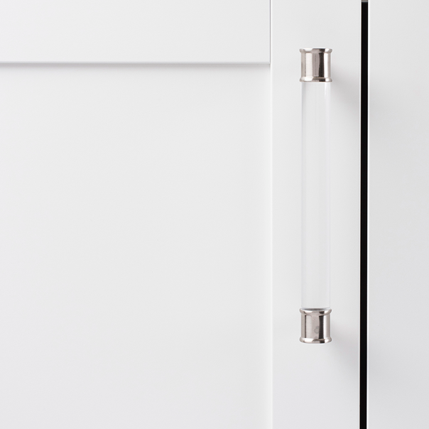 Midway cabinet pull with clear acrylic body and satin nickel ends for kitchen and furniture hardware under $50 collections