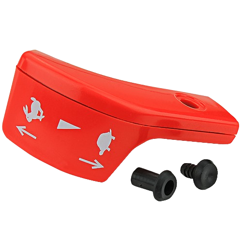 Red throttle control lever with animal icons and two black mounting screws for tools and home improvement use