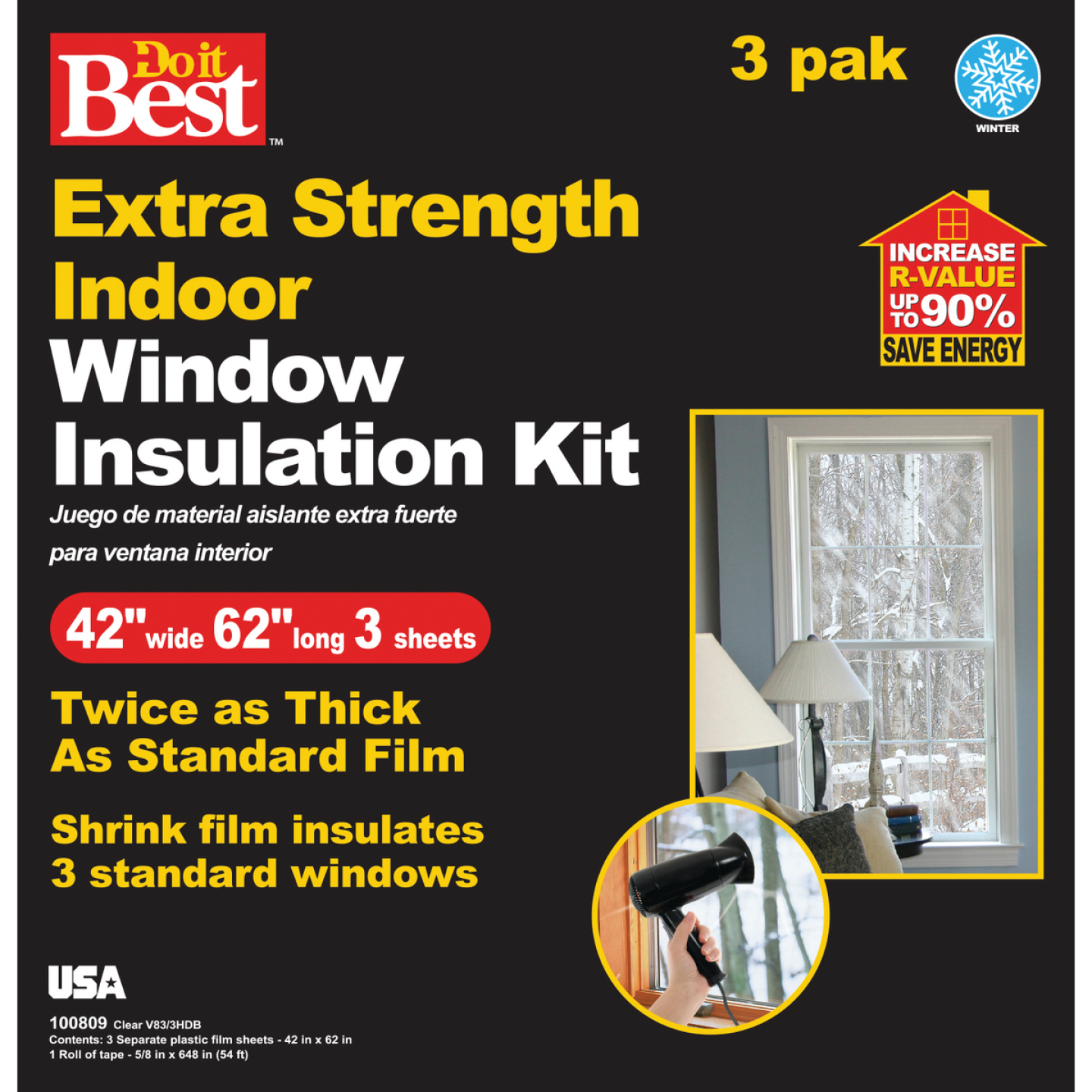 Indoor window insulation kit packaging highlighting extra strength film for energy saving in home improvement hardware collections