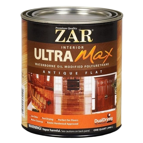 Quart can of ZAR Ultra Max flat waterborne oil modified polyurethane in antique flat finish for floors and wood surfaces