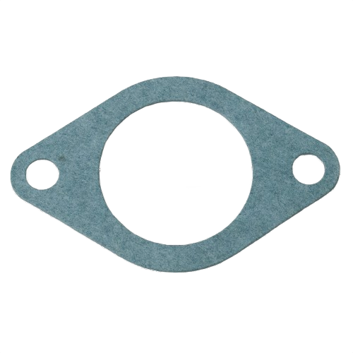Blue-gray gasket with two bolt holes designed for engine thermostat cover in John Deere parts collection under $25