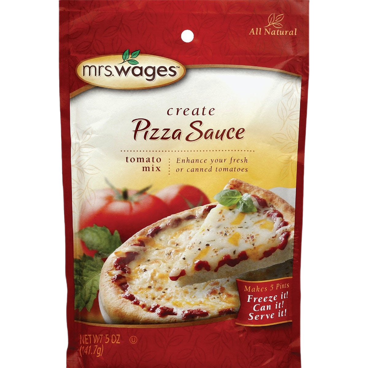 Packet of Mrs. Wages pizza sauce tomato mix with image of cheese pizza slice and fresh tomatoes on label