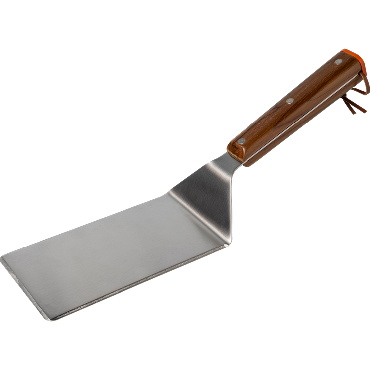 Stainless steel spatula with wooden handle and hanging loop for grilling and outdoor cooking accessories collection