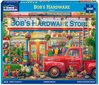 Colorful illustrated 1000-piece puzzle featuring a vintage hardware store storefront and classic red pickup truck outside.