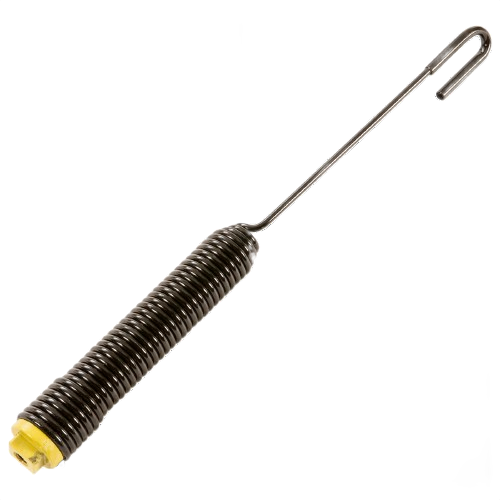 Coiled metal extension spring with hook end and yellow plastic tip for tools and home improvement tasks