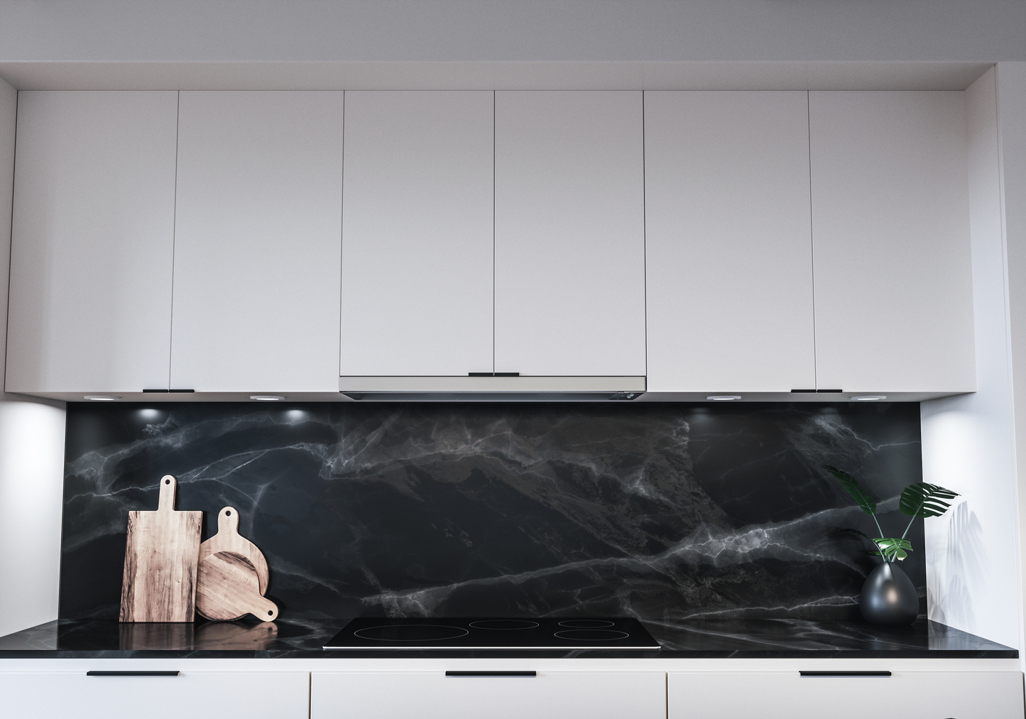 minimal under-cabinet range hood with built-in LED lights above black marble backsplash in modern kitchen