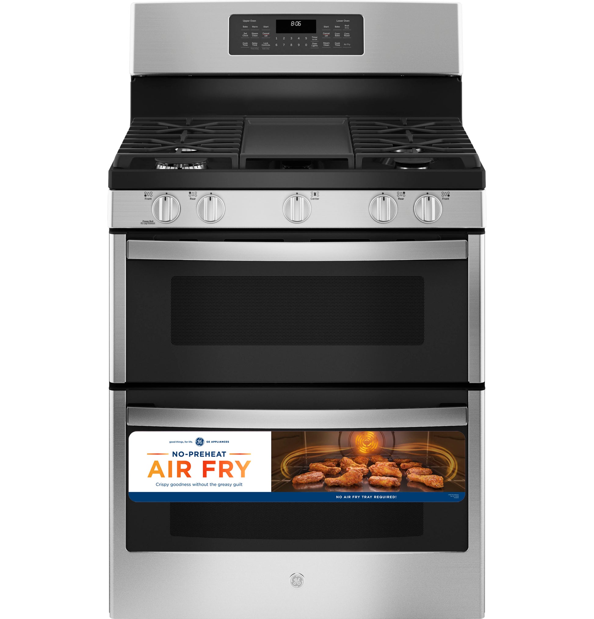 Stainless steel gas double oven with convection and air fry feature from Ranges & Cooktops collection for kitchen upgrade