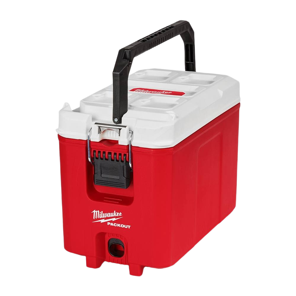 Red and white insulated Milwaukee PACKOUT cooler with durable construction for jobsite and workshop storage solutions