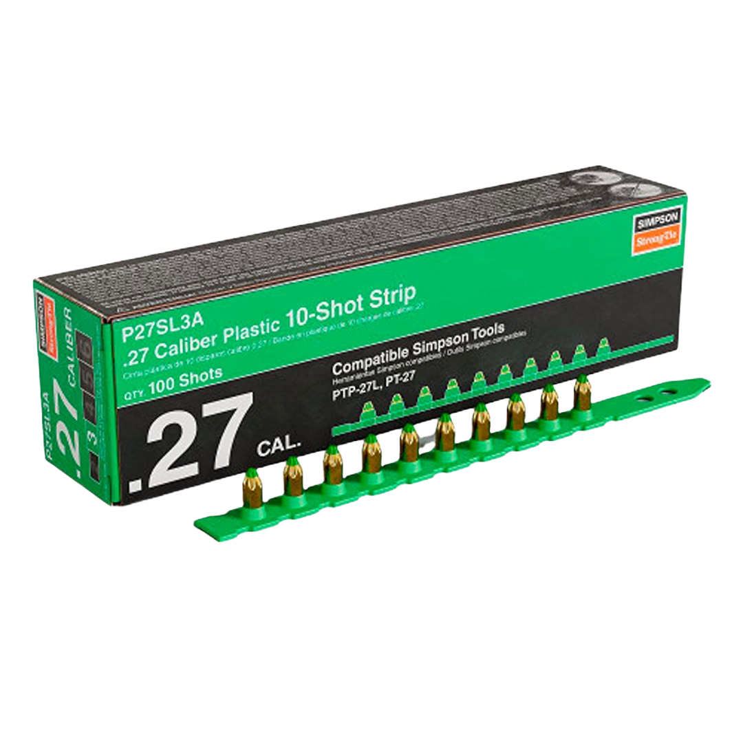 Strip of green plastic .27-caliber shots arranged in a line beside a matching product box for tools and home improvement