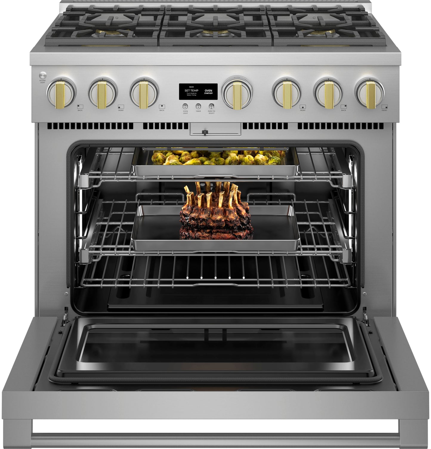 Stainless steel professional gas range with six brass burners and oven open showing racks with roast and vegetables cooking