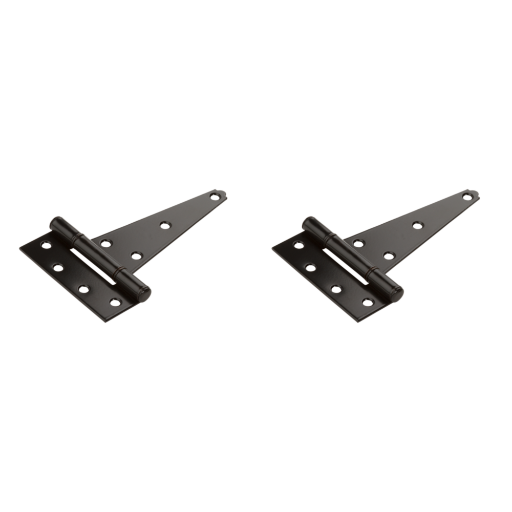Two black heavy-duty 6-inch tee hinges with multiple mounting holes for doors and hardware projects under $50