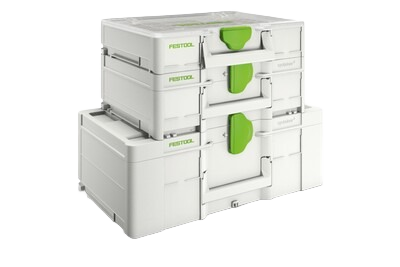 Stacked Festool modular storage boxes with green latches for organizing tool accessories and batteries collections