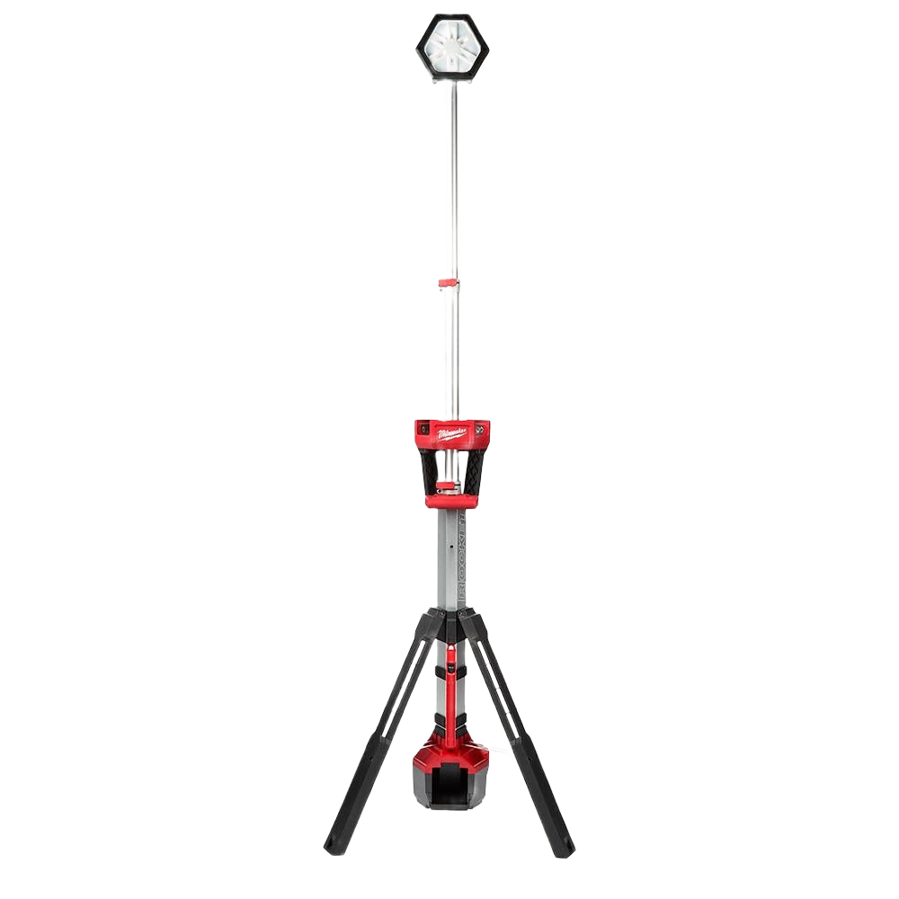 Adjustable tripod-mounted work light tower with powerful LED bulb for construction and home improvement tasks