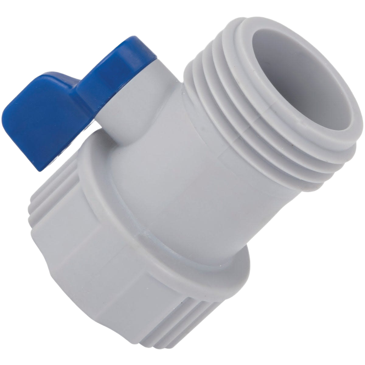 White plastic garden hose shutoff valve with blue lever handle for watering and irrigation applications