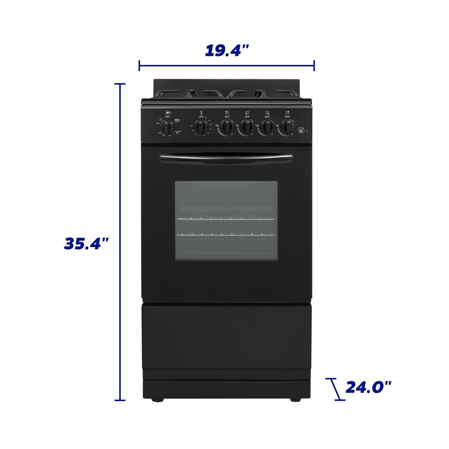 Front view of a black 20-inch gas cooking range with oven window and control knobs for kitchen and home improvement use