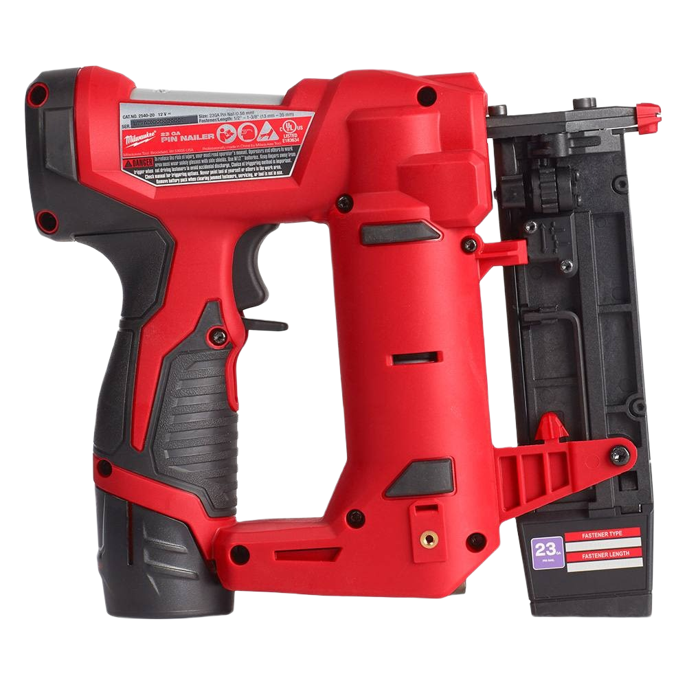 Red and black cordless 23-gauge pin nailer with ergonomic grip designed for precise home improvement projects