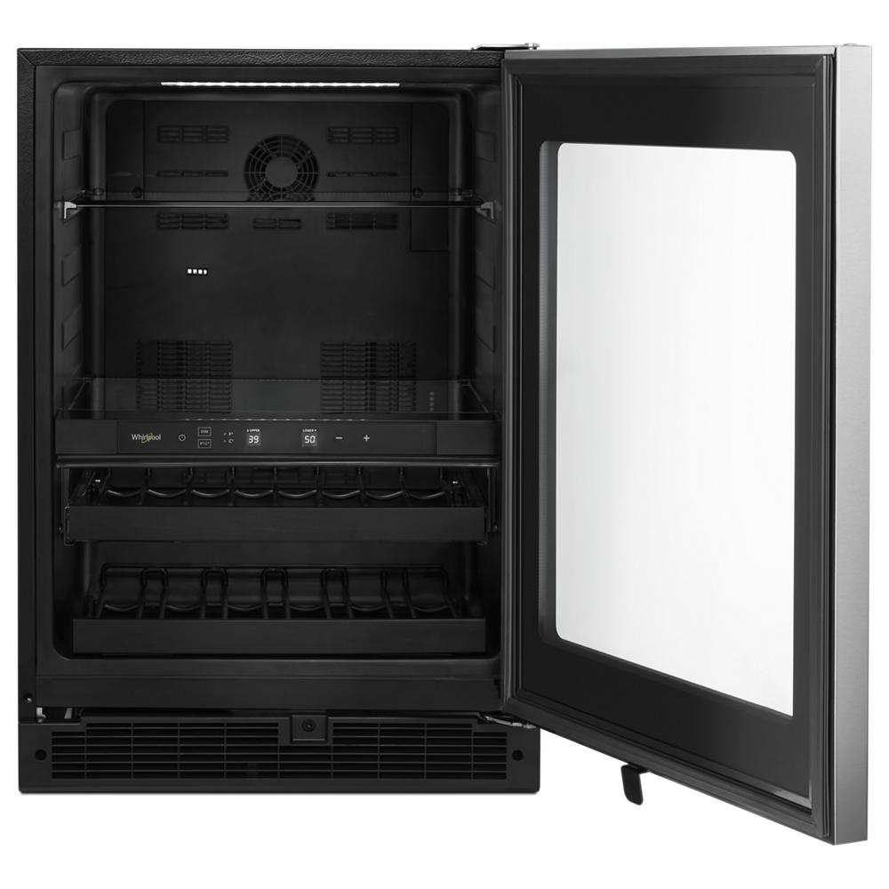 Open undercounter beverage center with glass door and multiple storage zones from Appliances and Kitchen & Kitchenware collections