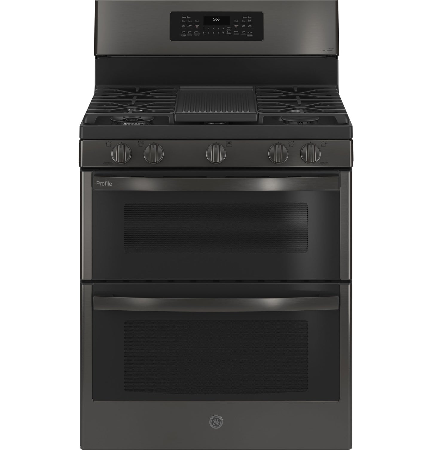 Free-standing gas double oven range with convection, black stainless steel finish, part of kitchen appliances collection