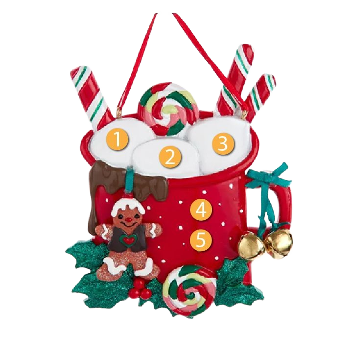 Red mug ornament with three marshmallows, candy canes, gingerbread, and festive holly for Christmas tree decor collections