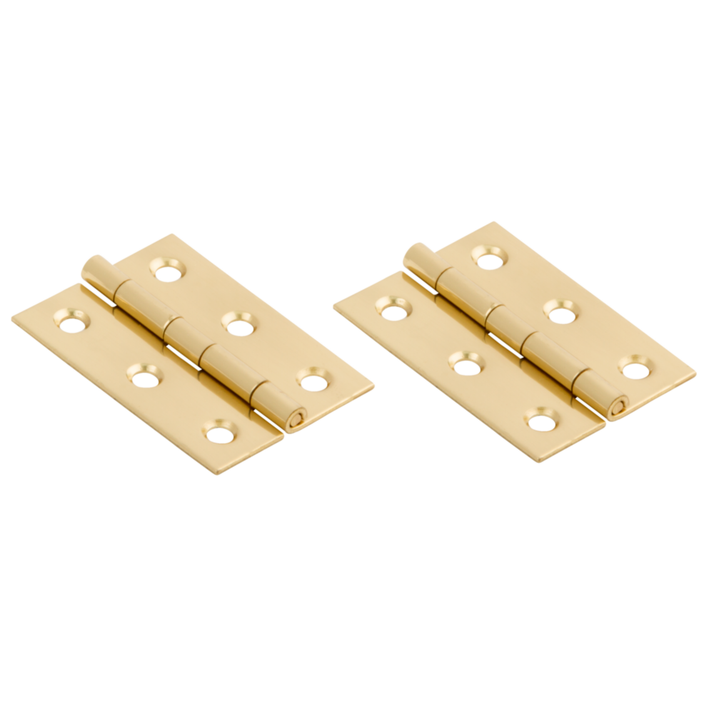 Two brass medium decorative hinges with six mounting holes each for small woodworking and home improvement projects