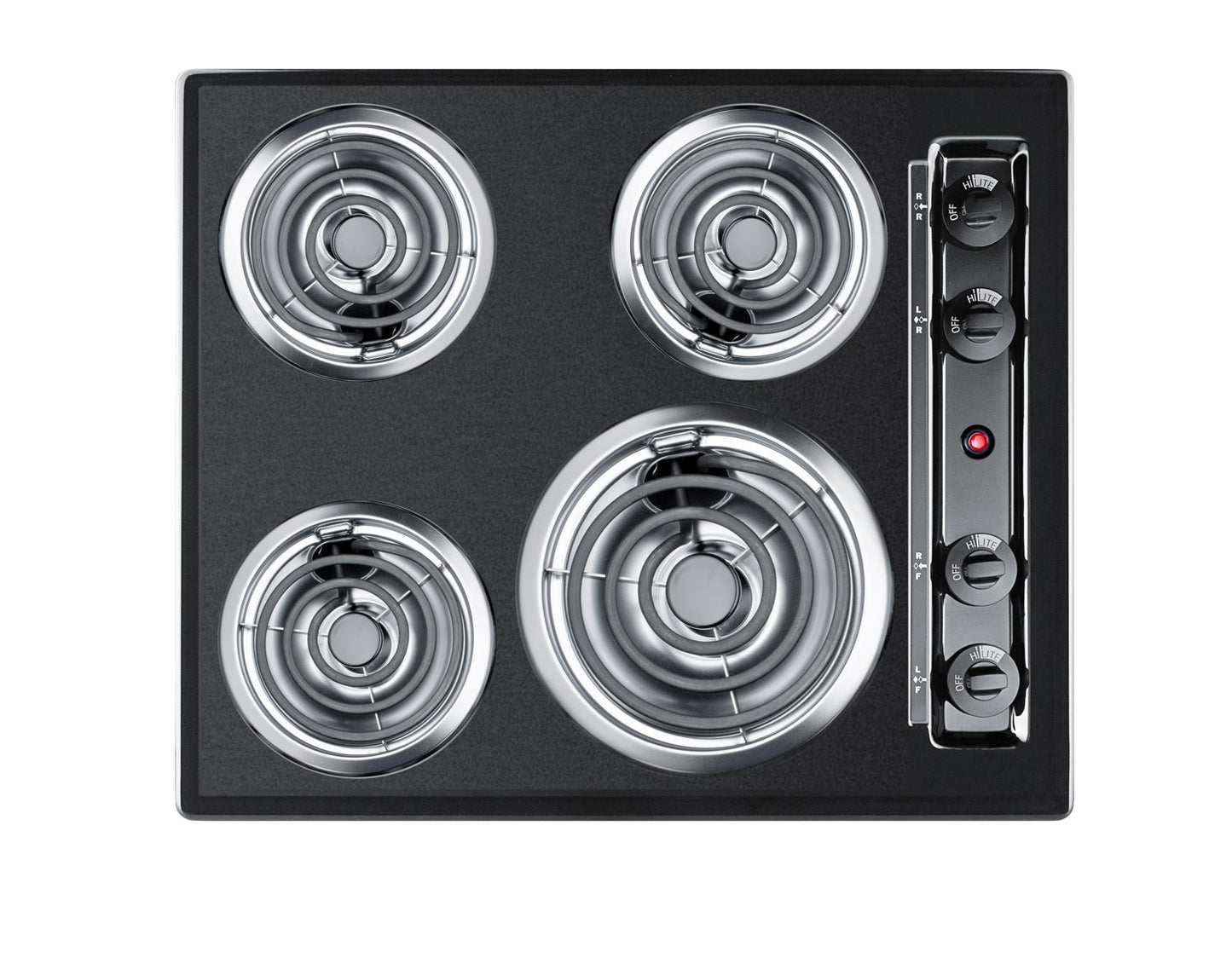 Black coil cooktop with four burners and side-mounted control knobs for home improvement kitchens and cooking tasks