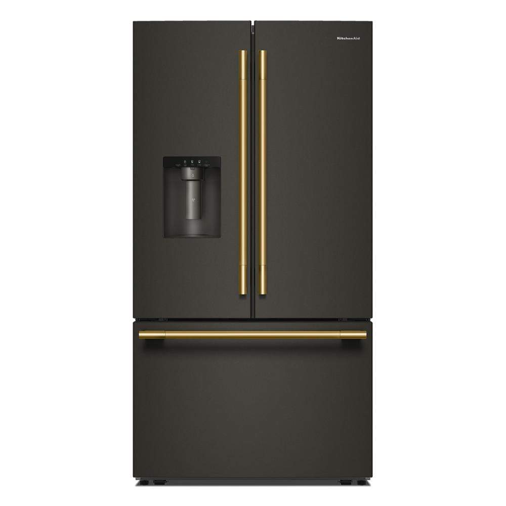 French door refrigerator in matte black with brushed gold handles and built-in exterior water dispenser in KitchenAid appliances collection