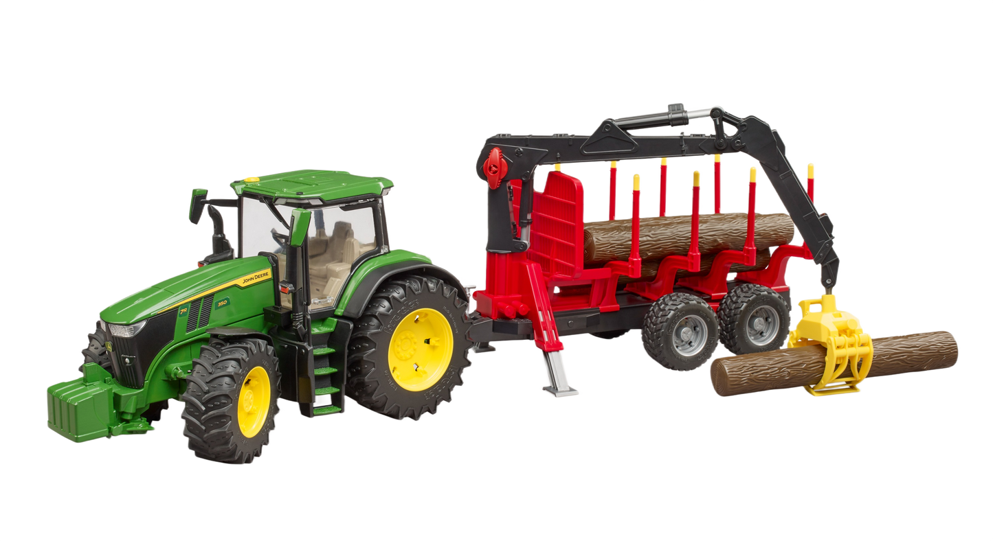 Green and yellow tractor with red forestry trailer lifting wooden logs for outdoor tools and home improvement play