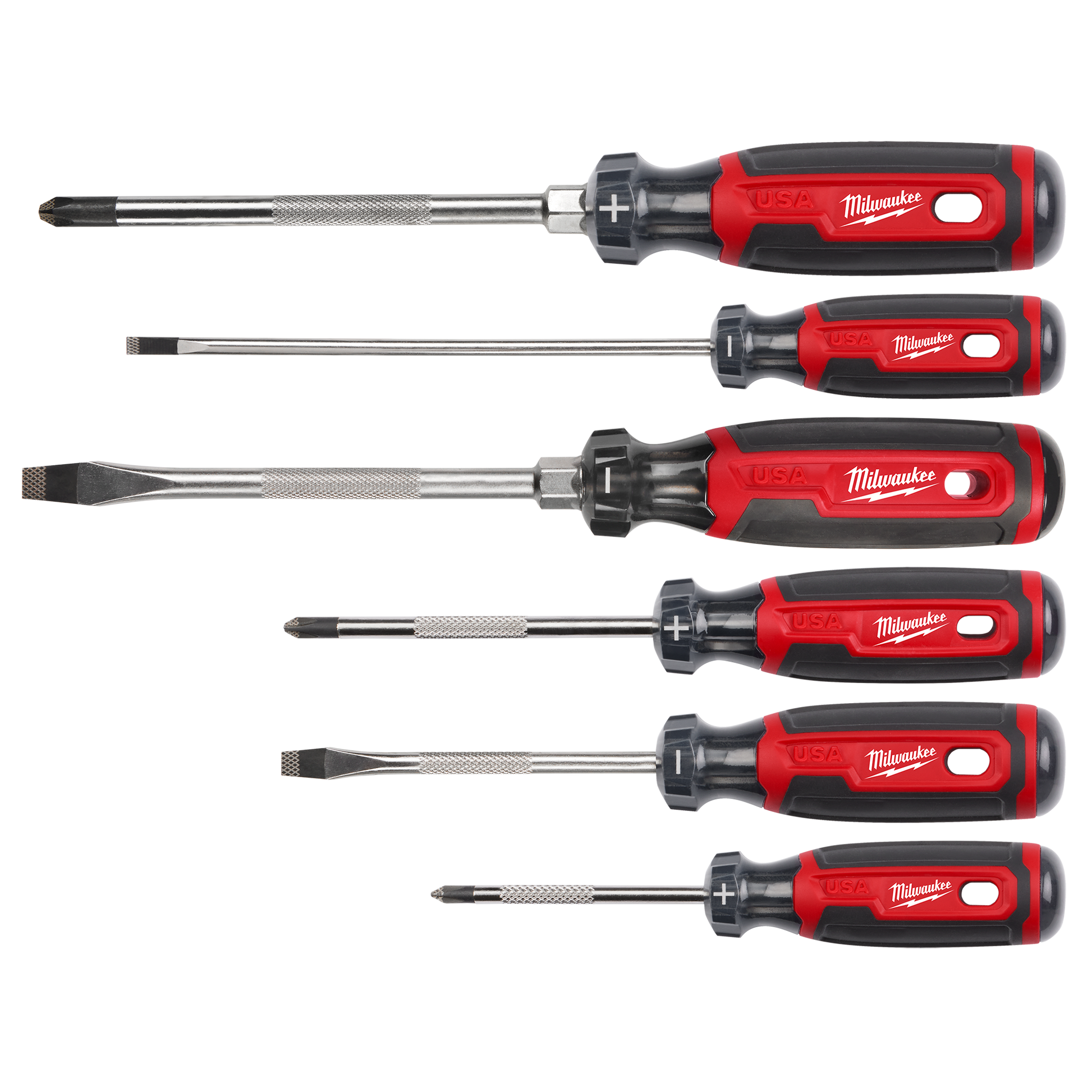 Set of six red and black Milwaukee screwdrivers with cushioned grips for comfortable home improvement tasks