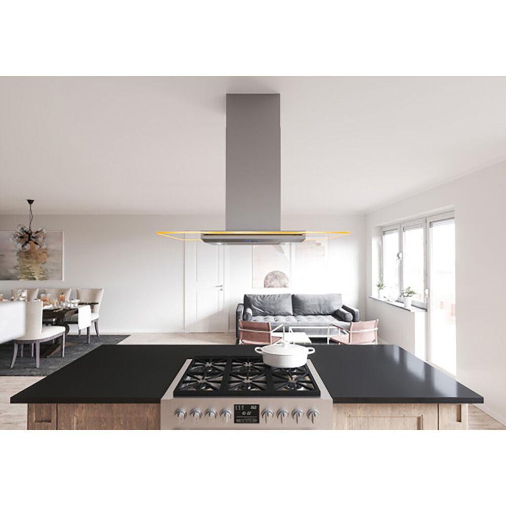Contemporary stainless steel kitchen hood with LED ambiance lighting above black cooktop in open plan living space