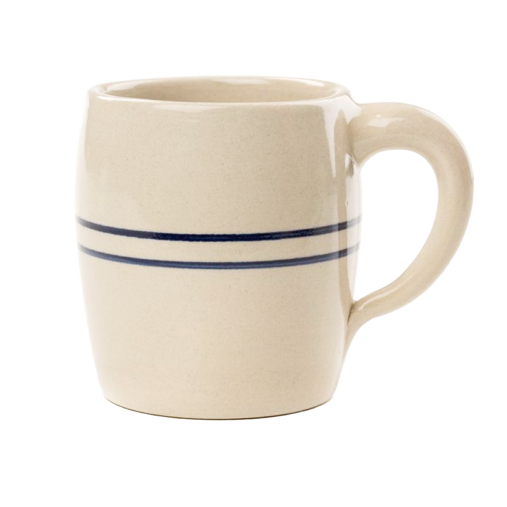 Cream stoneware mug with blue stripe detail and rounded handle for drinkware and kitchenware under $50 collection